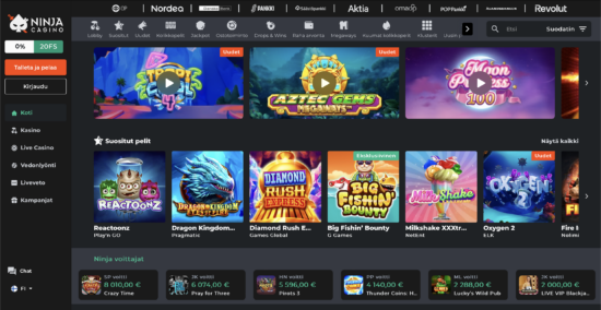Ninja Casino peliaula on tumma ja täynnä pelejä ja kategorioita. Suositut pelit ovat ensimmäisenä ja Ninja voittajat viime ajoilta sen alla.