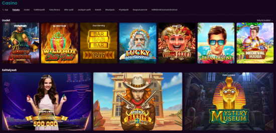 Boom Casino peliaula. Peliaulassa valittavana monia suosittuja kolikkopelejä.