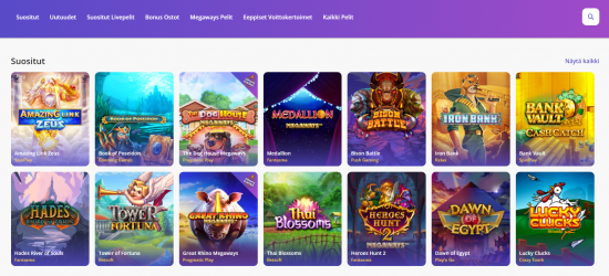 Casinodays peliaula. Peliaulassa monenlaisia kolikkopelejä, jotka on jaettu eri kategorioihin.