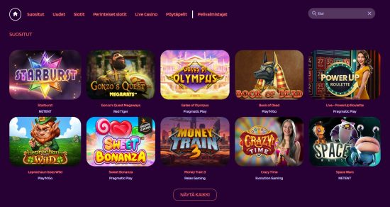 Slot Paradise peliaula. Kasinon pelivalikoiman suositut pelit, jossa valittavana muun muassa Book of Dead ja Sweet Bonanza.
