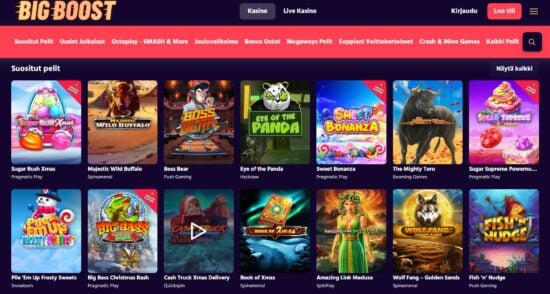 Big Boost Casino kasinoaula. Kasinon suositut kolikkopelit valittavissa pelivalikoimassa.