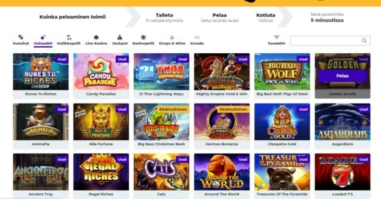 Boost Casino peliaula. Pelit on jaoteltu useaan kategoriaan ja valikoimassa monia kolikkopelejä.
