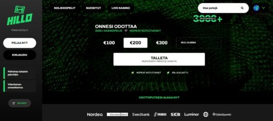 Hillo Kasinon talletus. Minimitalletus Hillo Kasinolle on vain 1 euro.