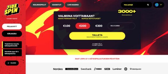 FireSpin Casino kasinoaula. Talletus onnistuu omien verkkopankkitunnusten avulla.