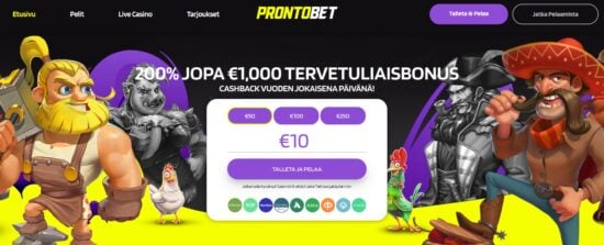 ProntoBet Casinon näkymä. Kasinolla seikkailevat erilaiset hahmot ja värimaailma on sekoitus mustaa ja liilaa. 