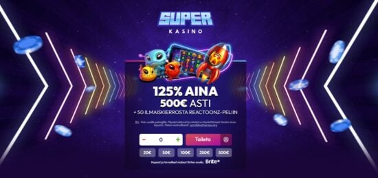 SuperKasinon talletus. Neonvärejä loistava sininen tausta, jolla kasinon talletus mahdollisuus. Kasinon bonus mainittuna talletuksen yläpuolella. 