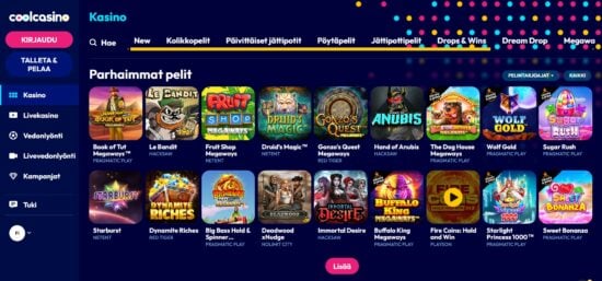 Cool Casino peliaula. Valittavana liuta erilaisia kolikkopelejä.