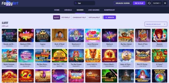 Foggybet casino peliaula. Kasinon peliaulassa on tarjolla todella monia erilaisia kolikkopelejä.