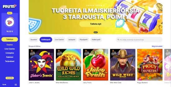 Fruta pikakasinon etusivu. Etusivulla suosittuja kolikkopelejä ja kasinon tarjoama tarjous.