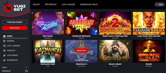 Yugibet Casinon aula on helppokäyttöinen, ja värikkäät pelit näyttävät hyvältä tummaa taustaa vasten.