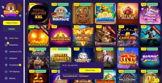 Bingo Bonga Casinon värikäs peliaula. Pelilaulassa näkyvillä useita kymmeniä erilaisia kolikkopelejä.