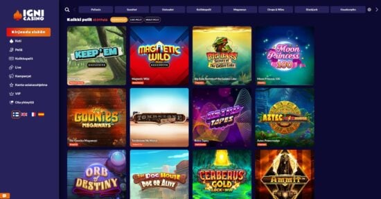 Igni Casino kasinoaula. Kasinon aulassa valittavana erilaisia kolikkopelejä. Värimaailma kasinon aulassa on tummansininen.