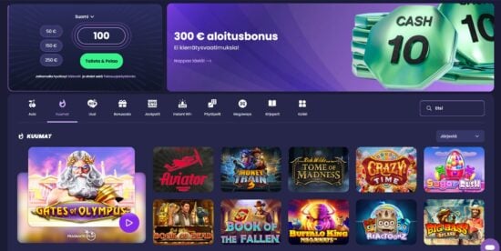 ReSpin Casinon peliaula on värimaailmaltaan violetti ja pelivalikoimasta löytyy monia suosittuja kolikkopelejä.