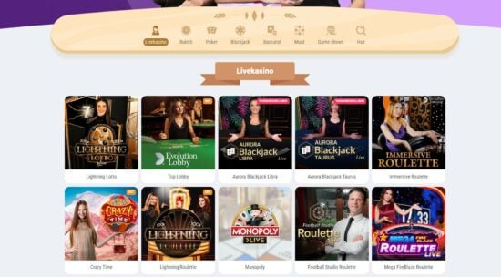 Cookie Casino peliaula. Livekasino, jossa näkyvillä ruletti, blackjack ja erilaisia game show -pelejä.