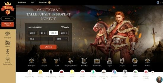 Avalon 78 pikakasino. Ritari hevosen selässä toivottaa pelaajat tallettamaan ilman rekisteröitymistä.