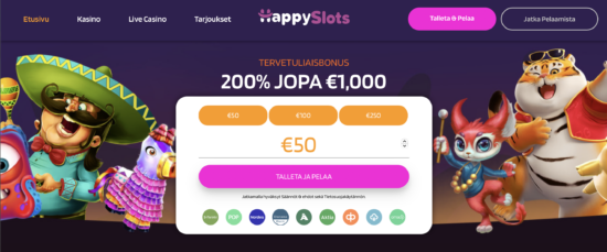HappySlots Casino. Kasinon tervetuliaisbonus ja nopea talletus.