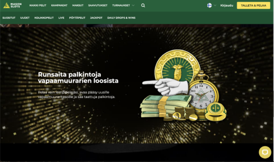 Mason Slots Casinon sivu. Sivustolla suositaan mustaa, vihreää ja keltaista väritystä.