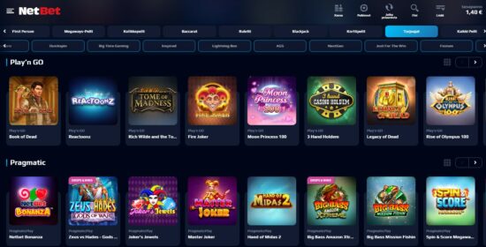 Netbet Casinon peliaula on tummanpuhuva. Pelit on suodatettu pelintarjoajien mukaan, tässä Play N Go ja Pragmaticin pelit.