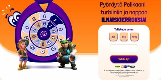 Pelikaani Casinon Turbiini-onnenpyörä ja pelihahmot oranssilla taustalla tarjoavat ilmaiskierroksia. Oikealla Talleta ja pelaa -painike.