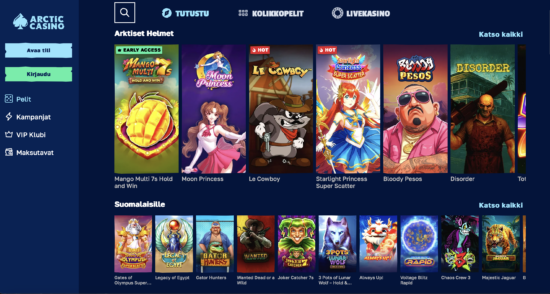 Arctic Casinon peliaulasta pelattavaa löytyy paljon. Pelit on jaoteltu kategorioihin, kuten Arktiset helmet ja Suomalaisille.