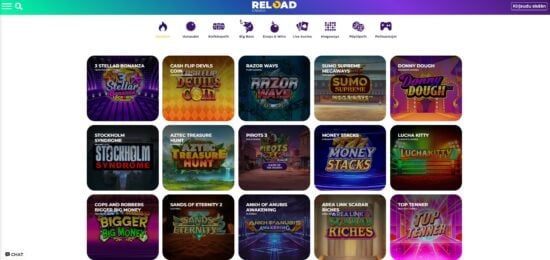 Näkymä Reload Casinon aulasta, jossa näkyy muun muassa suosittu Razor Ways -slotti.