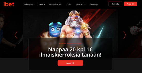 Ibet Kasinon näkymä. Kasinolla värimaailmana toimii musta sekä punainen. Kasinolla on helppo navigoida.