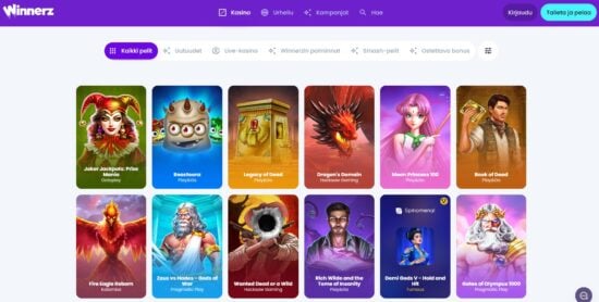 Winnerz Casinon peliaula. Pelivalikoimassa on erilaisia kategorioita, joiden takaa paljastuu tunnettuja ja uusia kolikkopelejä. 