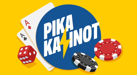 Pikakasinot ovat tämän sivuston aihe, ja meiltä löytyvät kaikki parhaat pikakasinot, uudet pikakasinot ja suomalaiset pikakasinot. Keltaisella taustalla näkyy sininen ympyrä, jossa lukee "pika kasinot", ja ympyrän vieressä pelikortteja ja pelimerkkejä.