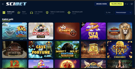 Scibet Casinon peliaulasta löytyy mukava määrä pelattavaa. Pelikuvakkeet loistavat mustaa taustaa vasten ja yläreunassa on Scibet Casinon logo.