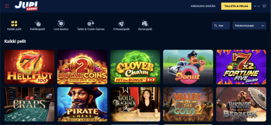 Jupi Casino kasinoaula on selkeä ja tummasävyinen. Pelattavaa löytyy reilusti, muun muassa Detective Donut. Lue Jupi Casino kokemuksia!
