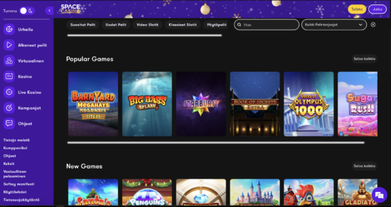 Space Casino aula on violetti. Taustalla on myös mustaa ja ja pelit on jaoteltu erilasiin kategorioihin, kuten suositut ja uudet.