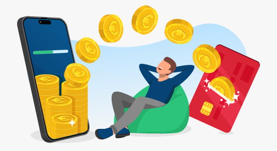 Ihminen istuu nojatuolissa rennosti, kun cashback bonusta kertyy kasinolta takaisin pelaajan omalle tilille.