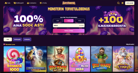 Slottimonsteri kasinon peliaula on violetti. Yläreunassa on tervetuliaisbonus ja alla pelejä, kuten Big Bass Splash.