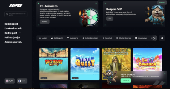 Reipas Casino näkymä. Kasino on värimaailmaltaan musta ja siellä seikkailee veikeä saukko, joka toimii kasinon maskottina.