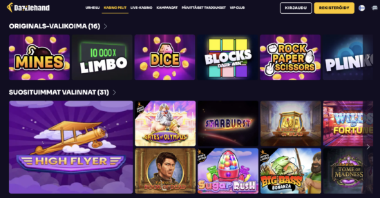 Dazzlehand Casino arvostelu ja kokemuksia. Kuva Dazzlehand Casinon pelivalikoimasta, jossa on tarjolla suosittuja kolikkopelejä.