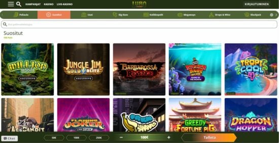 Vihertävänsävyiselle Lumo Casinolle onnistuu Pay N Play -talletus, ja suosituista peleistä löytyy esimerkiksi Bigger Bass Splash