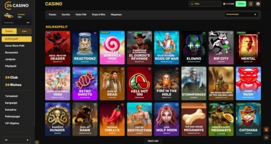 24Casinon peliaula, jossa näkyy kolikkopelejä kuten Reactoonz, Book of Dead ja Mental.