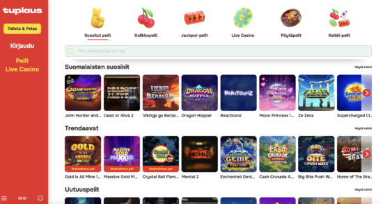 Tuplaus Casino aulassa ovat esillä erilaiset kasinopelit. Ne on jaoteltu kategorioihin, kuten Suomalaisten suosikit ja Trendaavat.