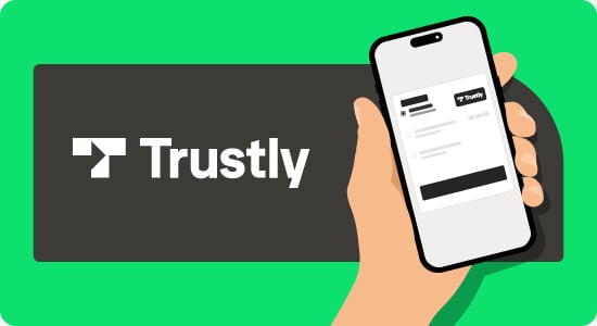 Trustly logo ja teksti mustassa palkissa vihreällä taustalla. Kädessä puhelin, jossa näkyy Trustly-kasinot talletus. 
