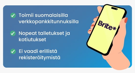 Listattuna Brite-kasinon hyviä puolia. Vieressä puhelin, jonka näytöllä Brite-kasino.
