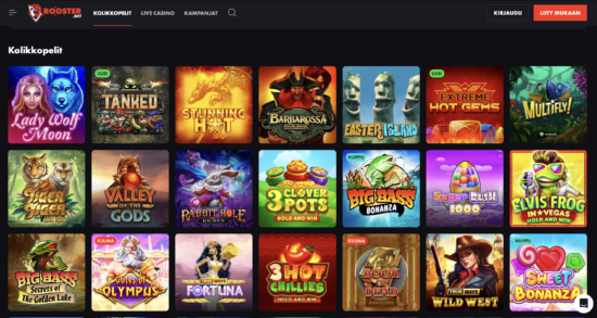 Roosterbet Casinolla on paljon erilaisia kolikkopelejä, kuten Gates of Olympus. Sivun tausta on tumma ja pelit hohtavat värikkäinä. Arvostelussa kerrotaan kasinosta plussat ja miinukset.