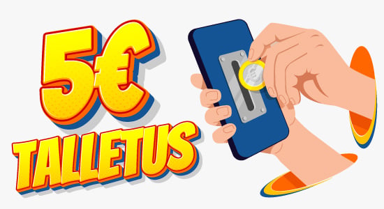 5 e talletus, jonka vieressä käsi asettaa kolikkoa puhelimeen.