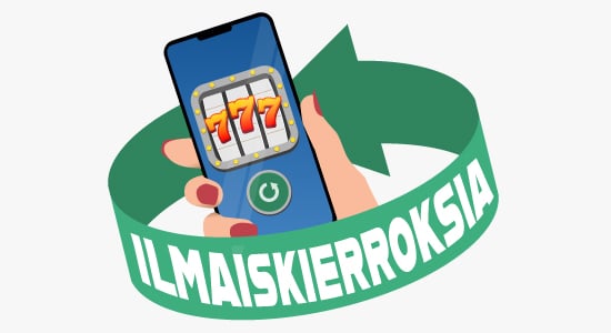 Nuoli jossa lukee ilmaiskierroksia. Käsi pitelee puhelinta, jonka näytöllä ilmaiskierrokset.