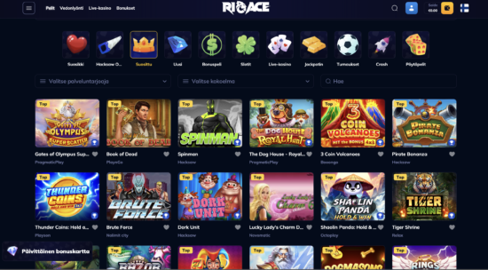 Rio Ace Kasinon pelit on jaoteltu eri osioihin, kuten Suosittu, Uusi ja Slotit. Pelivalikoima on värikäs tummaa taustaa vasten. Rio Ace Casino arvostelu kertoo peleistä lisää.