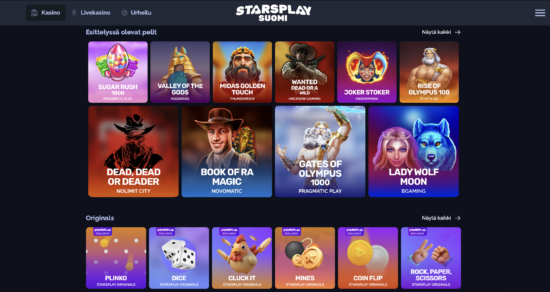 StarsPlay Suomi Kasinon peliaula on tummasävyinen. Pelejä on laaja kattaus ja ne on jaettu eri kategorioihin, kuten kasinon omat originals-pelit.
