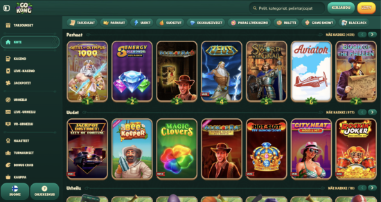 GoKong Casinon peliaula on vihreäsävyinen ja tuo mieleen viidakon. Pelejä ja valikkoja on aimo kasa. Pelit on jaoteltu esimerkiksi Parhaat, Uudet ja Urheilu.