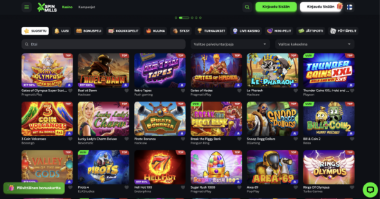 SpinMills Casinon peliaula on tummasävyinen. Kasinon tuulimyllylogo näkyy yläkulmassa. Pelikategoriat, kuten Suosittu, Uusi ynnä muut löytyvät sen alta.