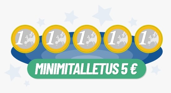 Viisi euron kolikkoa rivissä sinisellä taustalla. Kolikoiden alla lukee vihreällä taustalla minimitalletus 5e.