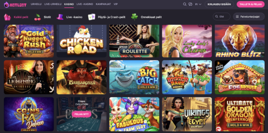 HotLoot Casino kokemuksia. Hotlooe Casinon peliaula, jossa valittavana pelattavaksi monta erilaista kolikkopeliä.