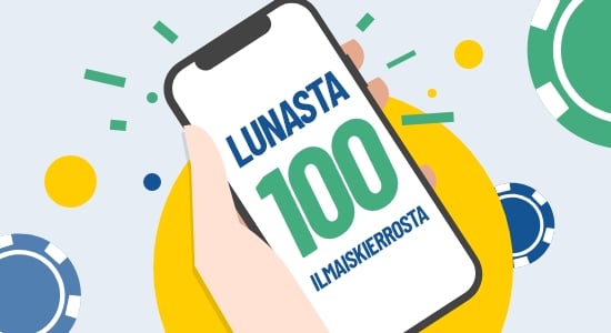 Puhelimen näytöllä teksti "lunasta 100 ilmaiskierrosta". Vieressä erilaisia pelikolikoita.